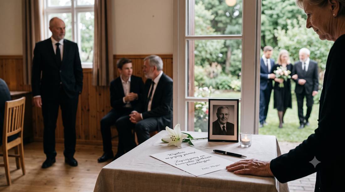 Kameralne spotkanie konsolacyjne w Krakowie — zdjęcie zmarłego, świeca i kwiaty na stole